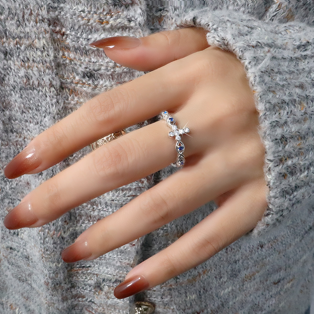 Blue zircon cross ring European and American faith lucky fish food finger ring creative wind year after year fish small fish ring