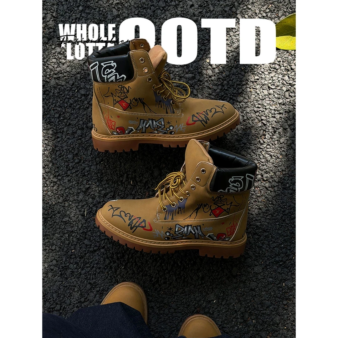 NewRockstar Choppa American Graffiti Martin Boots Men's Autumn/Winter Outdoor Thick Bottom Casual Work Clothes Yellow Boots