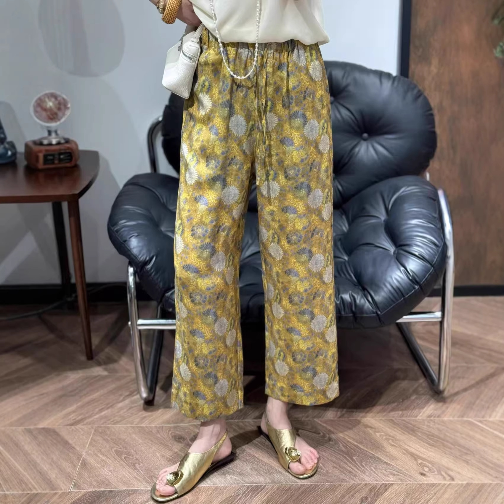 Nanyou 26 Spring/Summer Hot-Selling French Retro Print Casual Pants for Women, Loose Fit, Slimming, Versatile Straight Wide-Leg Long Pants
