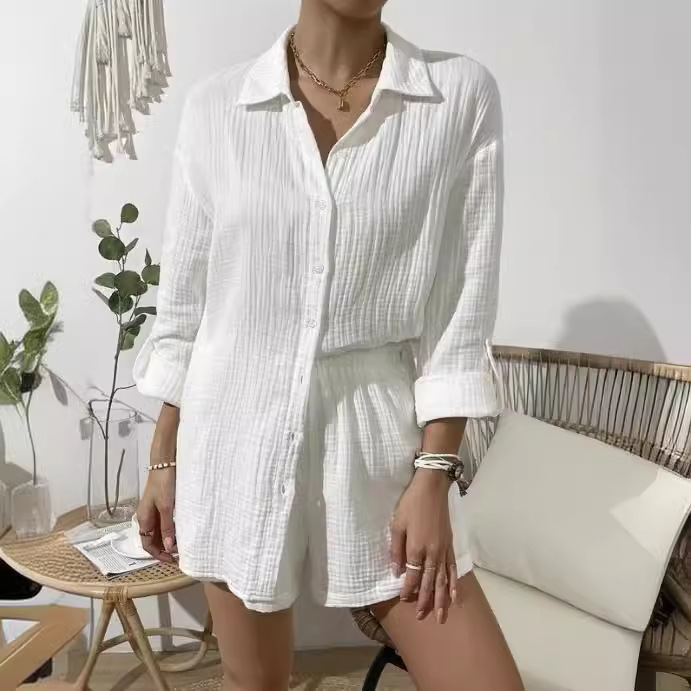 Cross-border 2024 European and American Women's Spring and Summer Fashion Solid Color Long Sleeve Shirt suit Women's Casual Loose Shorts Two-piece Set