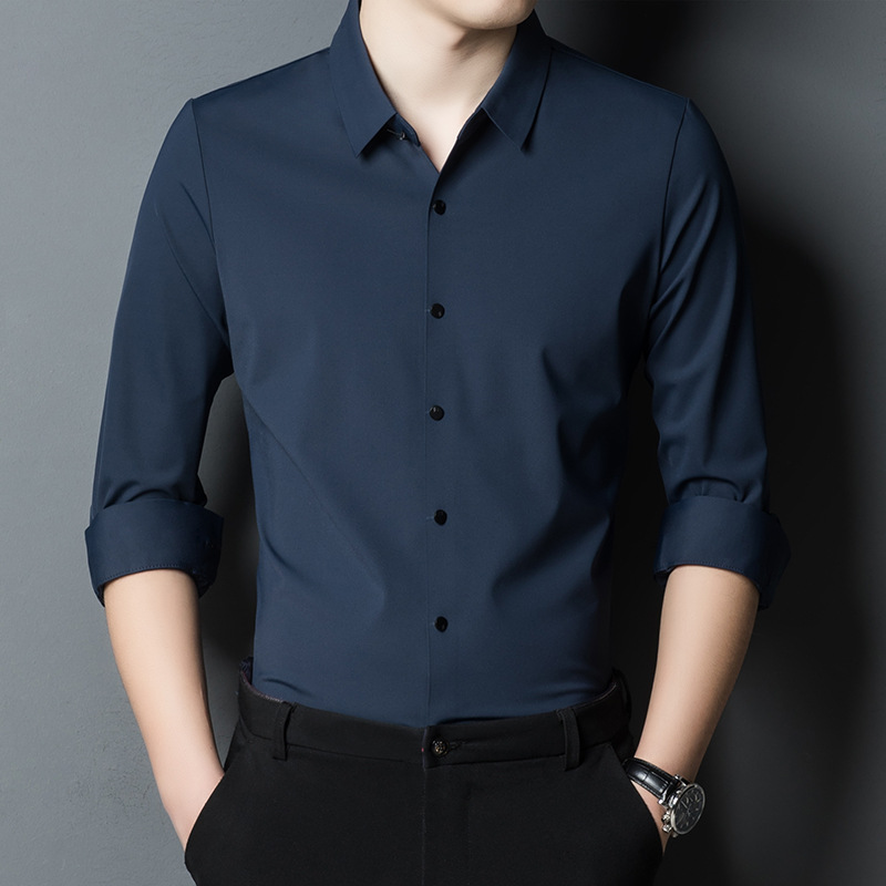 Brand high-end mulberry silk long-sleeved shirt men's spring and autumn thin non-ironing stretch solid color middle-aged seamless shirt