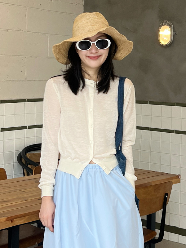 2026 Early Spring Thin Linen Blend Solid Color Curved Collar Knitted Cardigan Loose Thin Knit Top for Women