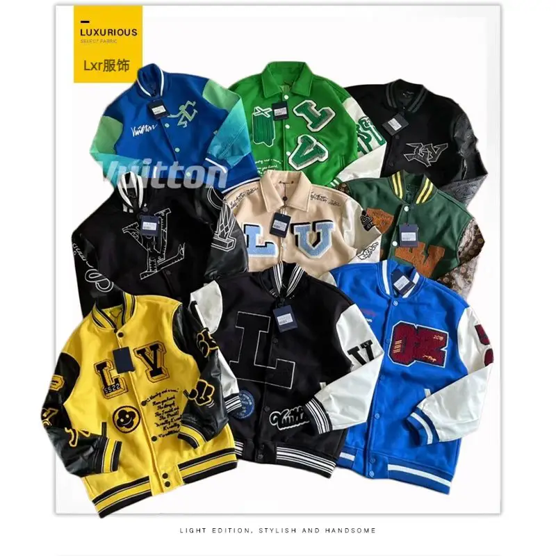 秋冬多色款字母拼色拼接皮袖毛巾绣花棒球服毛呢棒球夹克-Q2
