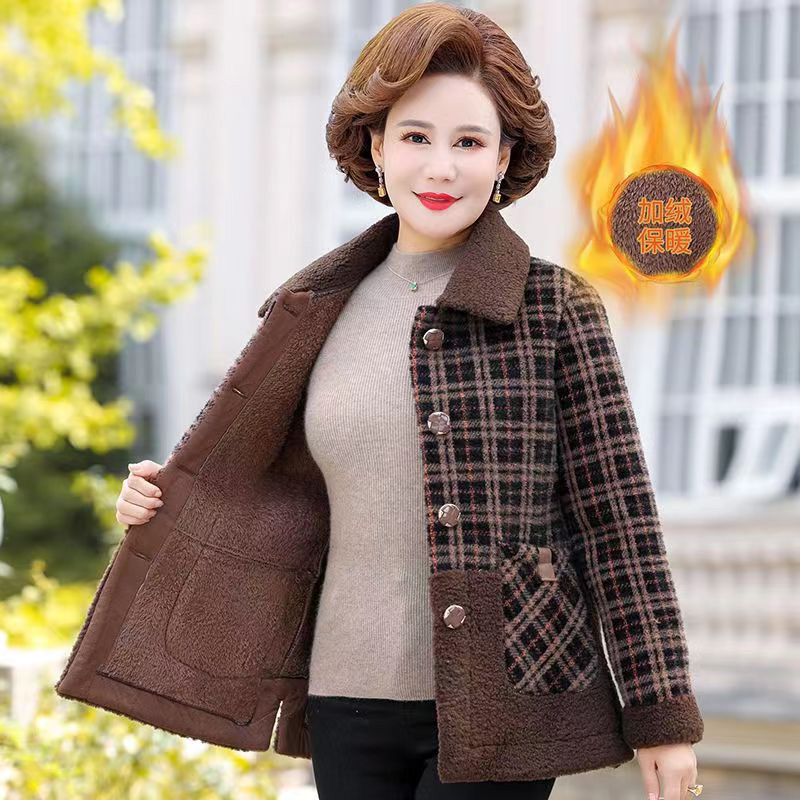 High quality 2023 warm coat for women autumn and winter new middle-aged mom plus size fleece-lined thickened woolen coat