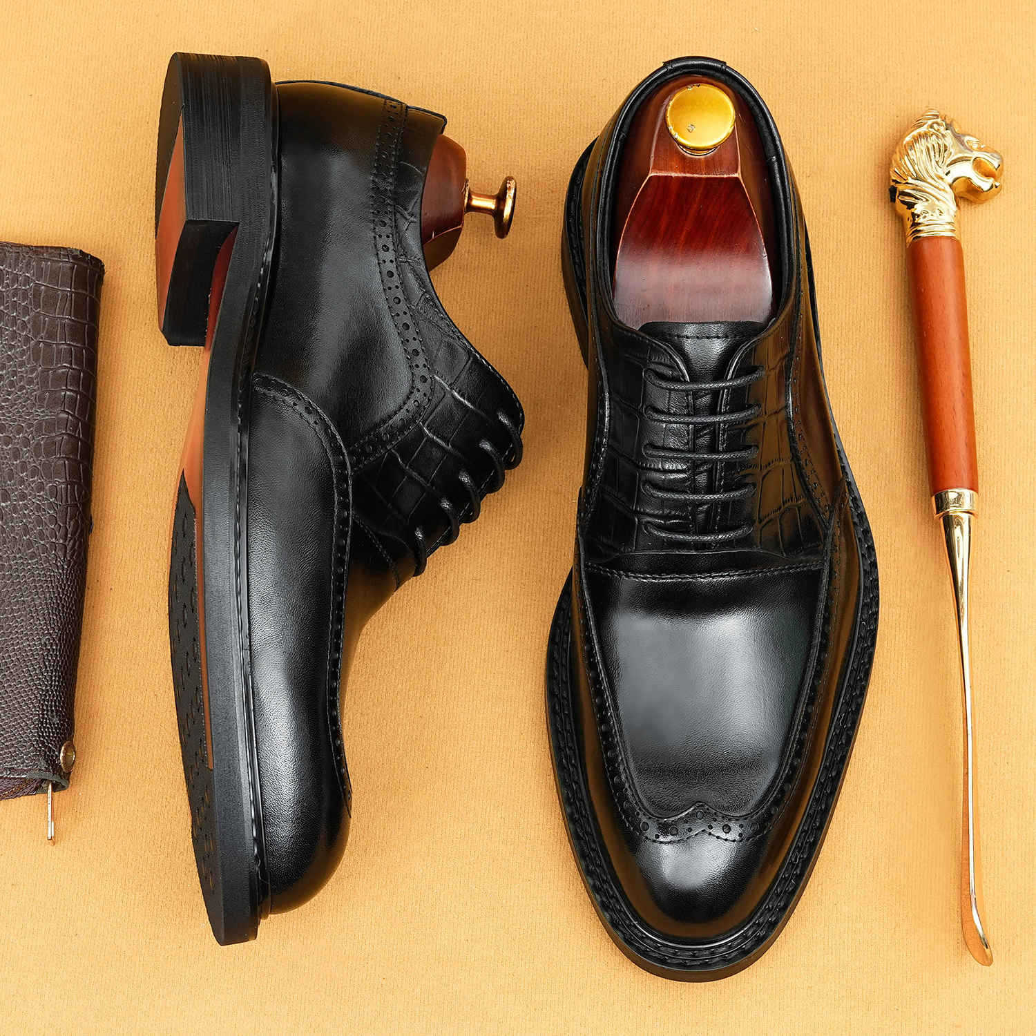 [Exclusively for Vips] Pointed-Toe Leather Shoes for Men, Business Formal Wear, 2026 New Model, Genuine Leather Crocodile Pattern Brogue Shoes