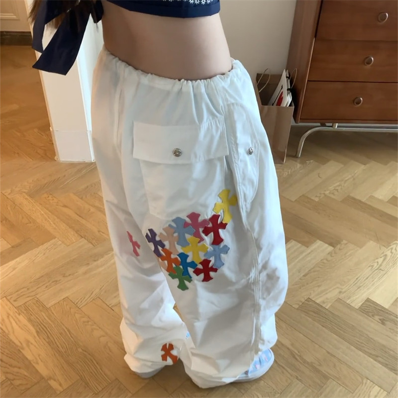Cross-Shaped Colorful Leather Label Drawstring Parachute Pants for Women, New Summer Niche Design, Couple Casual Pants, Cargo Pants
