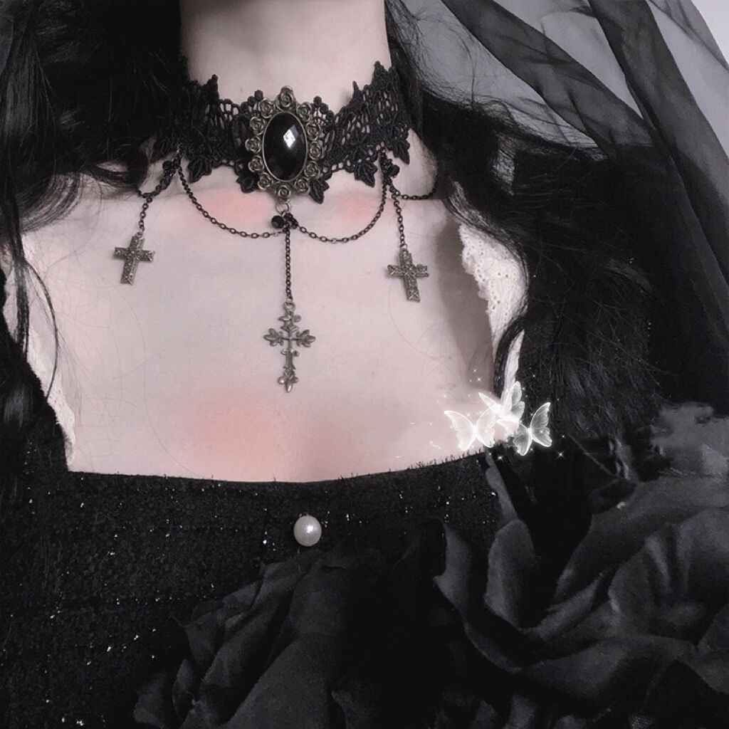 Gothic Style Dark Lolita Lace Cross Punk Disco Clavicle Chain Choker Neck Strap Collar for Women