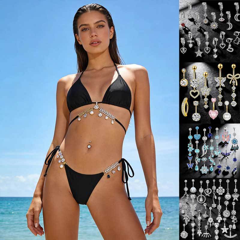 Cross-Border Hot-Selling Colorful Zircon Tassel Piercing Navel Ring, Four-Leaf Clover Navel Ring, Dolphin and Leopard Head Navel Ring for Women
