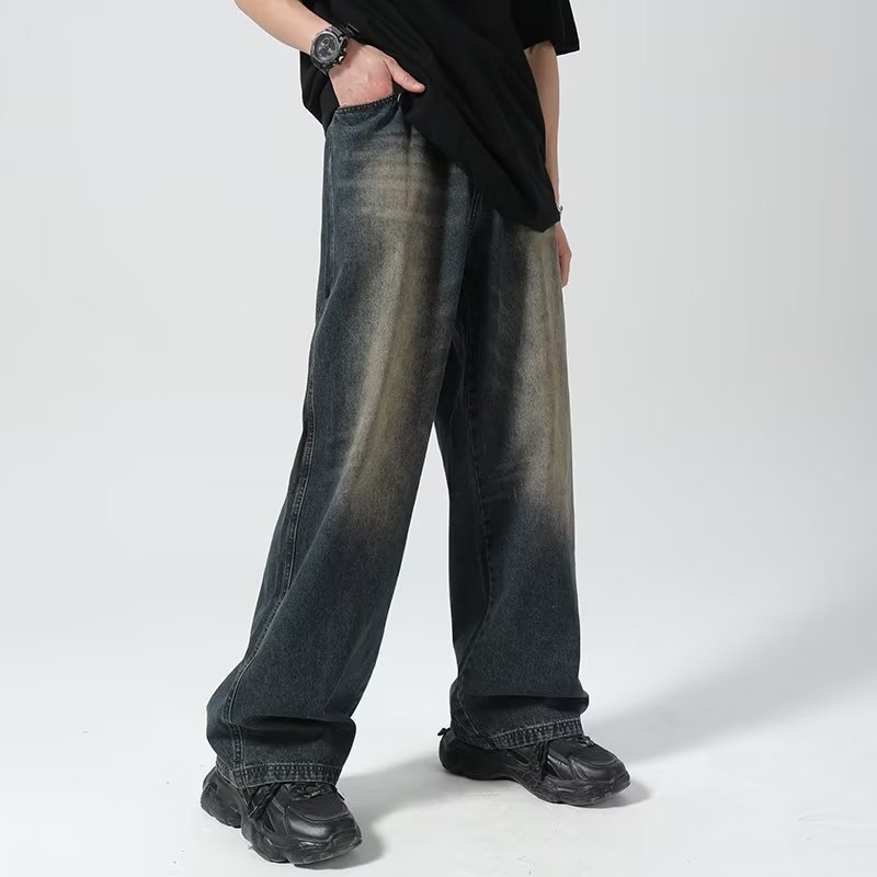 Vintage National Fashion Vibe Style Washed Denim Pants Men's Loose American Style High Street Straight Tube Old Horn Mop Pants