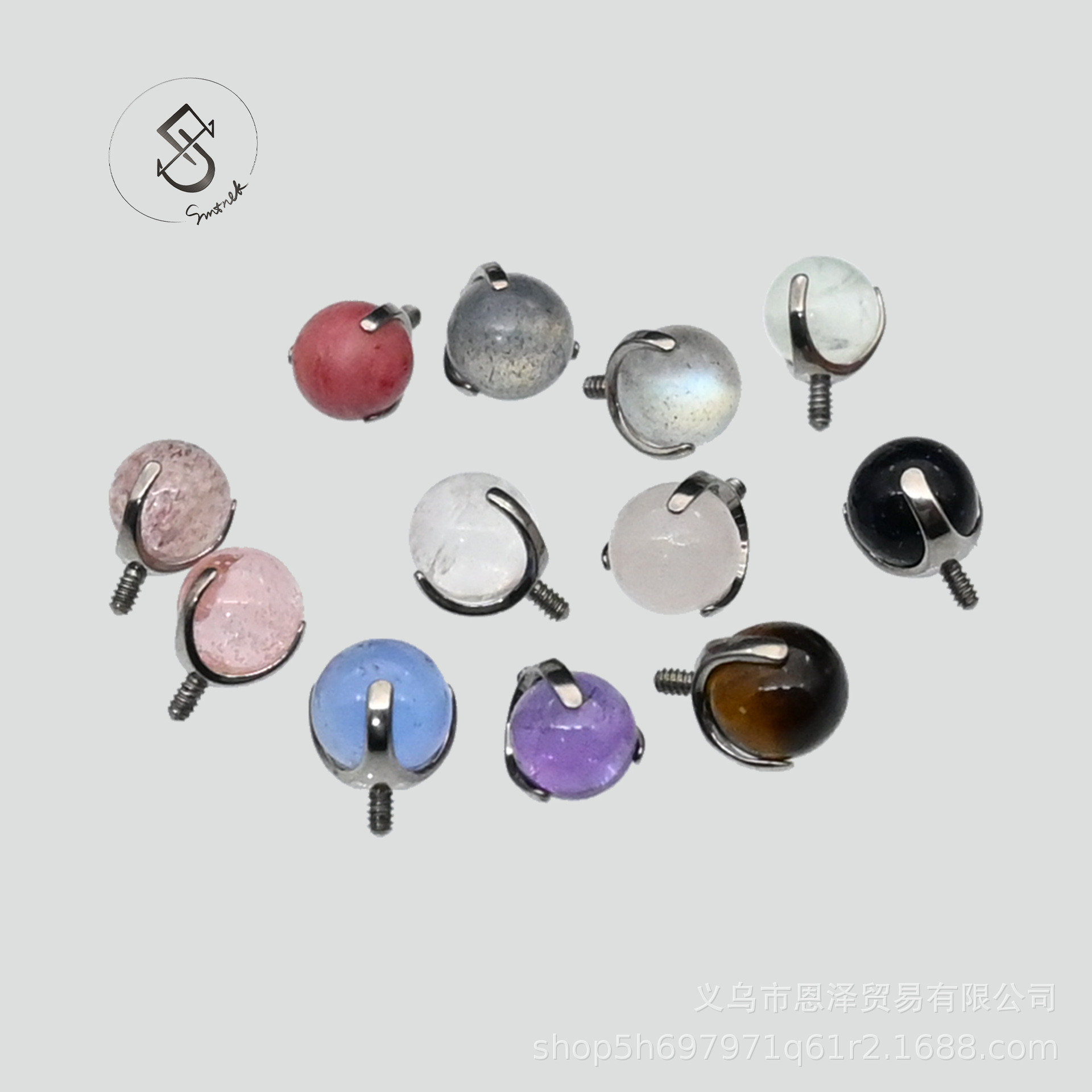 SMTNEK ASTM F-136 implant grade titanium alloy three claw multicolor natural stone inlay 0.9 teeth lip nail earring