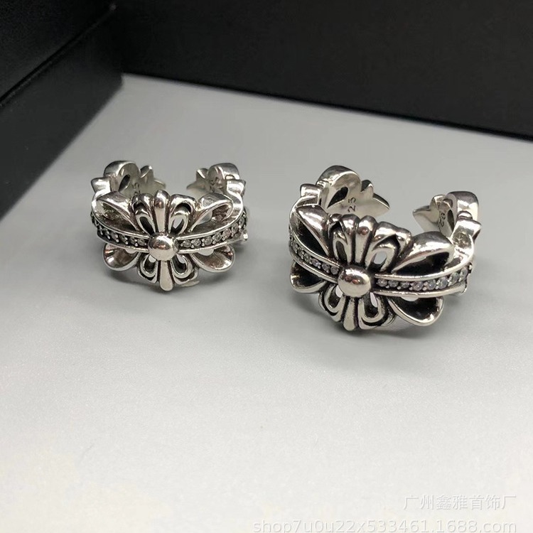CHROTA Vintage Diamond-encrusted Cross Flower Hollow Open Ring European and American Hip-hop Fashion Men's and Women's Couple Ring