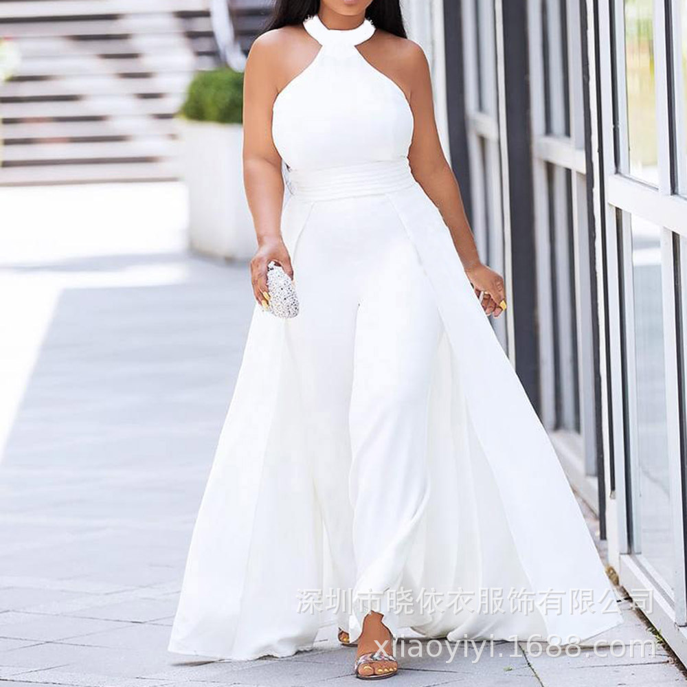 Amazon Cross-Border Trade European and American Style Commuter High-Waisted Round-Neck Strapless One-Piece Wide-Leg Pants Flared Skirt Dress