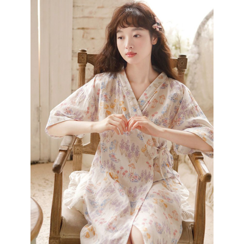Kaori Clothes Nightgown Summer Women's 2025 Nightgown Cotton Short-sleeved Pajamas Bathrobe Kimono Pure Desire Style Home Clothes