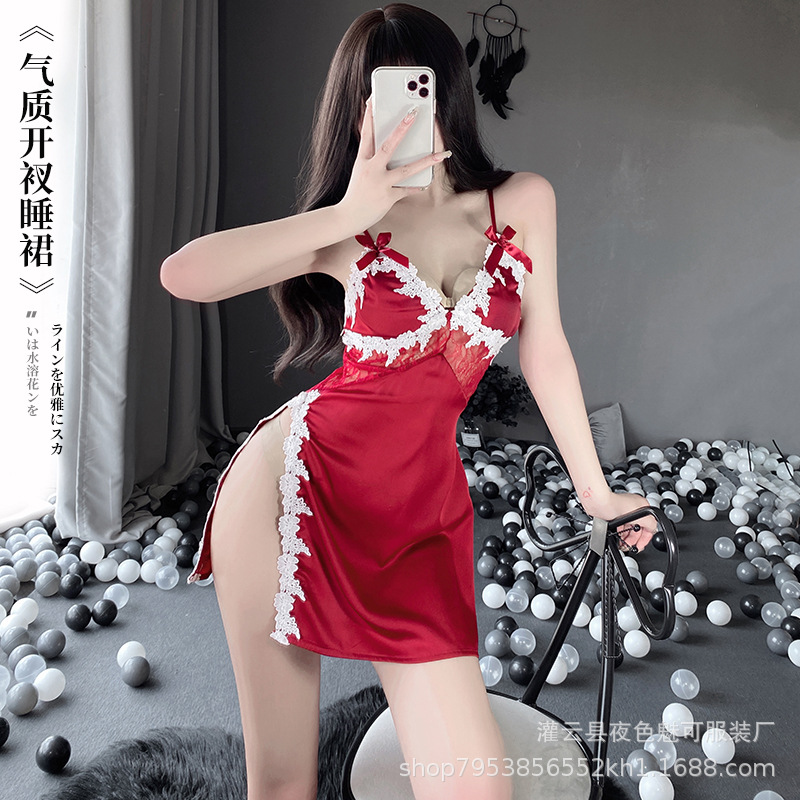 Thin Women's Sexy Lingerie Deep V Temptation Side Split Embroidery Sling Nightgown 2533