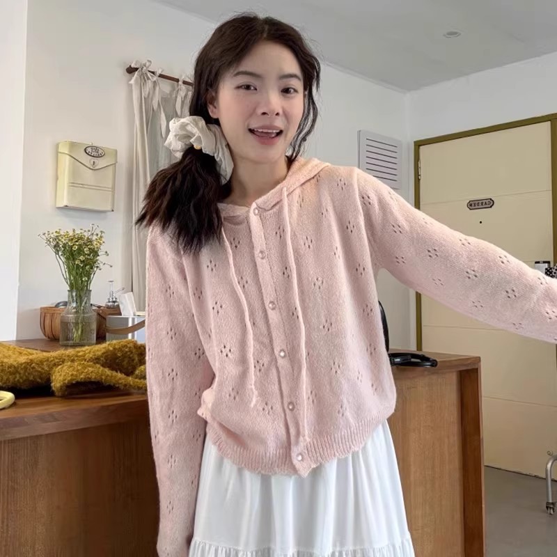 Spring and Summer Sweet New Korean Dongdaemun Single-Breasted Casual Long-Sleeved Simple Pure Color Hooded Cut Out Sweater Cardigan
