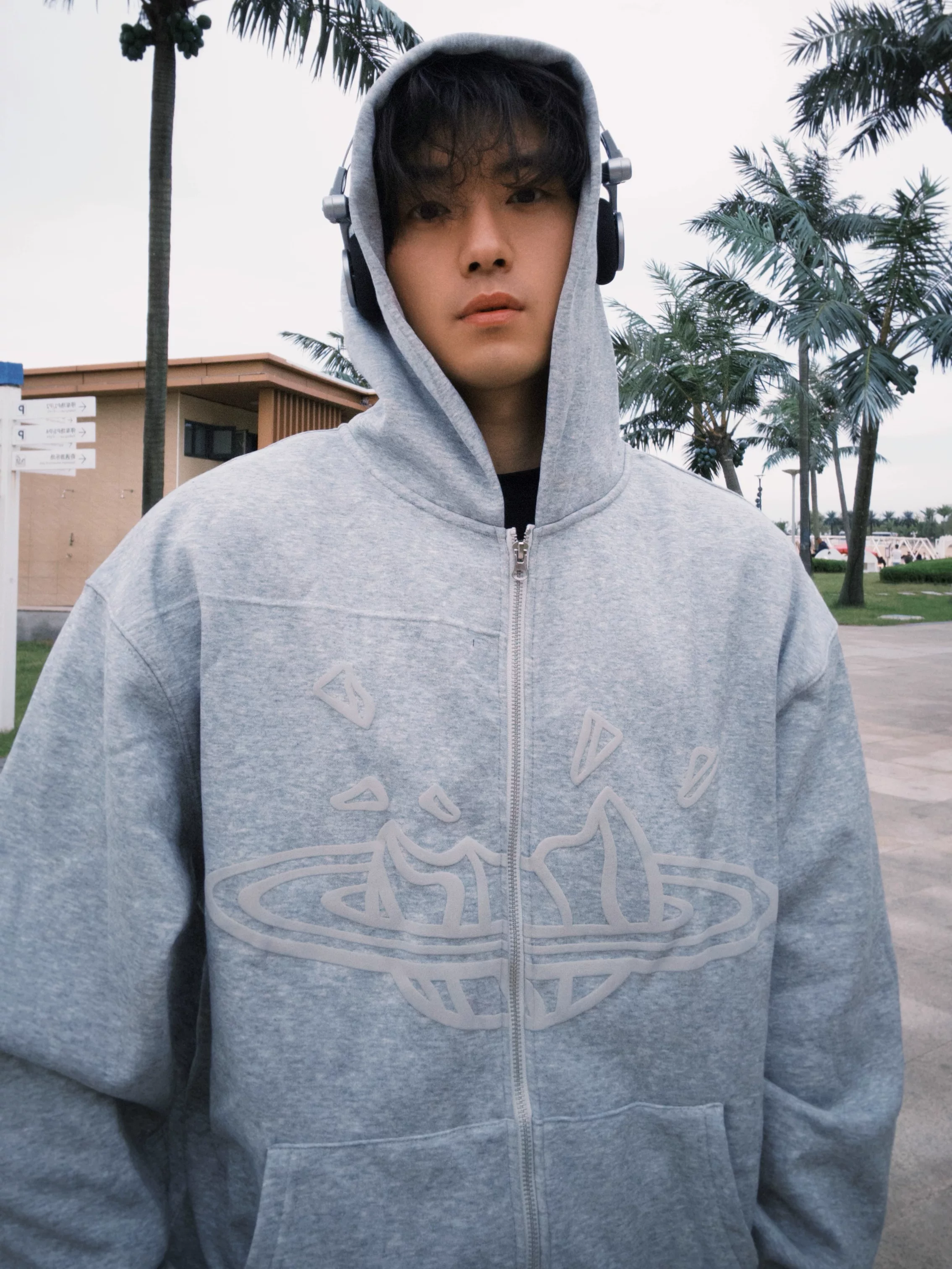 Broken Planet American-Style Foam Print Men's Couple Fleece-Lined Hooded Zipper Sweatshirt Jacket for Autumn and Winter