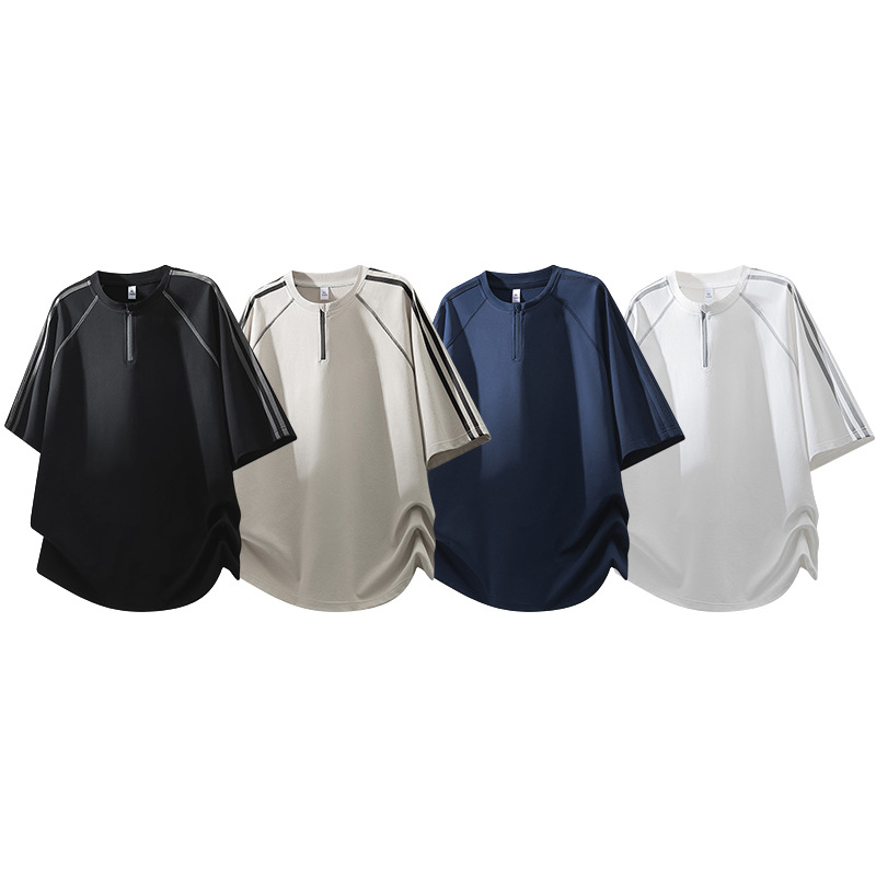 New Summer Men's Tops, Half-Zip, Large Size, Stand-Up Collar, Short-Sleeved, American Retro Student College Style Men's T-Shirts