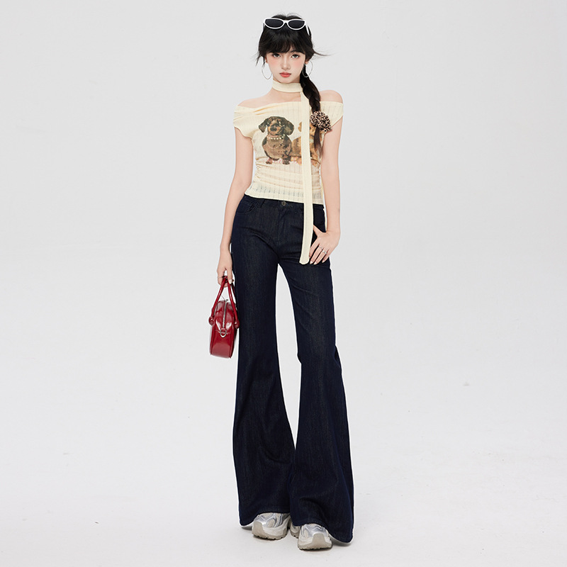 American Retro Style Raw Denim Color Low-Waist Flared Jeans for Women, 2026 Spring New Elastic Slim-Fit Flared Pants