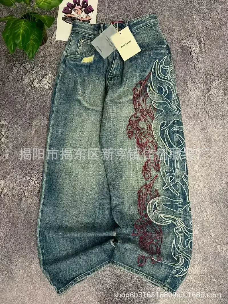 Loose Personality Long Pants Cross-Border Foreign Trade Trendy Embroidered Jeans Retro Washed Street Wide-Leg Jeans
