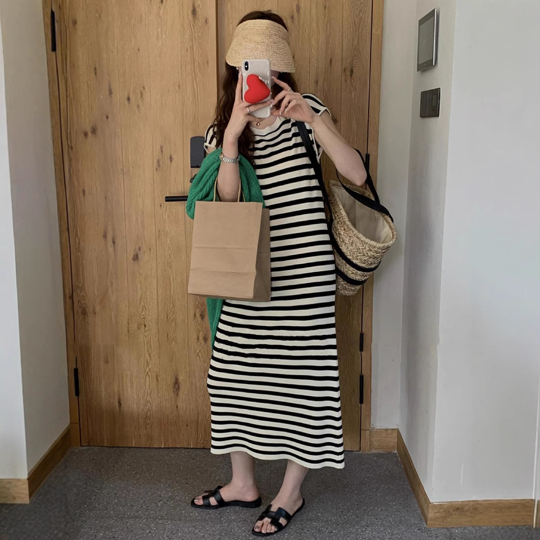 Lazy Style Stripesd Knitted Vest Dress Women's Summer Loose Casual Seaside Vacation T-Shirt Elegant Long Skirt