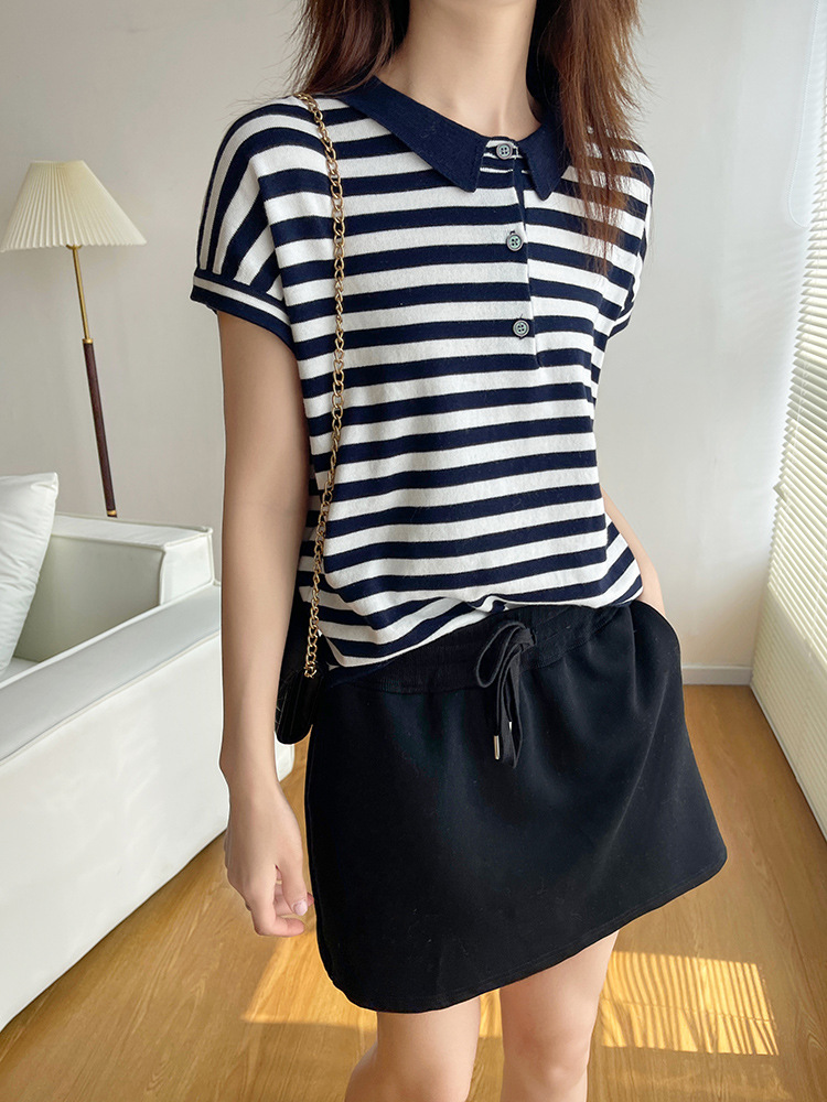 Casual Retro Pure Cotton Color-Blocked Striped Polo Collar Pullover T-Shirt Summer Women's Slimming and Versatile Short-Sleeved Top
