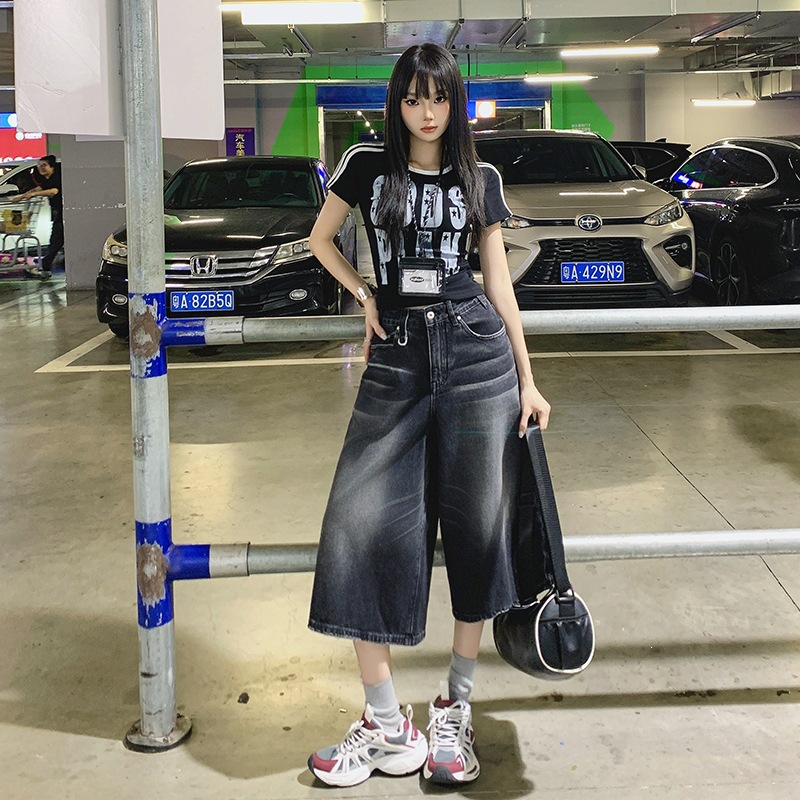 American Retro Washed Vintage-Style Cropped Jeans for Women, 2026 Summer New Style, Loose Wide-Leg Slimming Versatile Mid-Length Pants