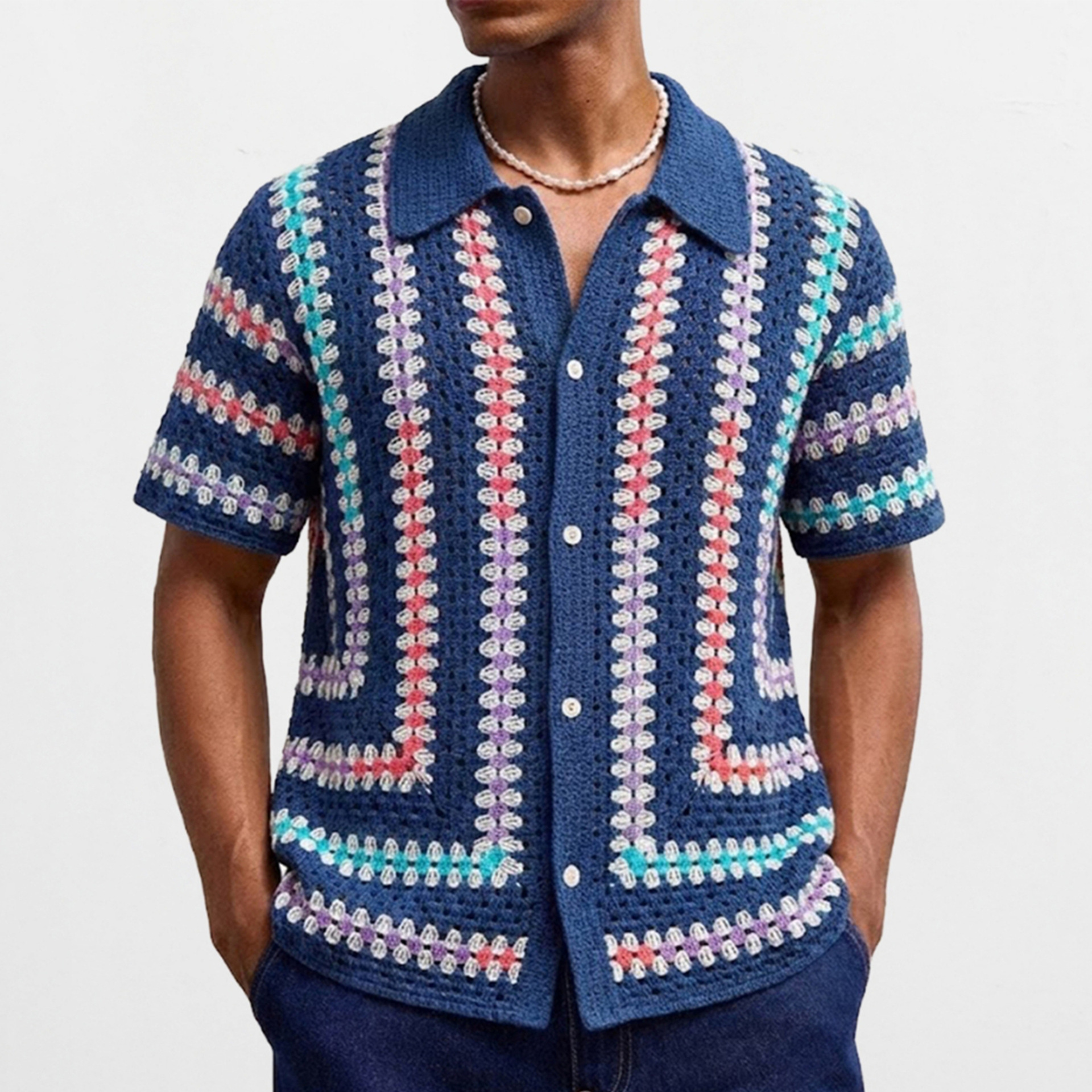 European and American Men's Clothing Imitation Handmade Crochet Knitted Cardigan Colorful Striped Hollow-Out Vacation Style Casual Polo Shirt Sy0074