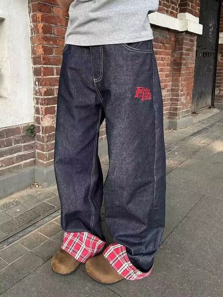 in stock Wholesale Men's Jeans Urban Washed Plaid Embroidery Trendy Loose Straight Fashionable Denim Trousers Mesh TU