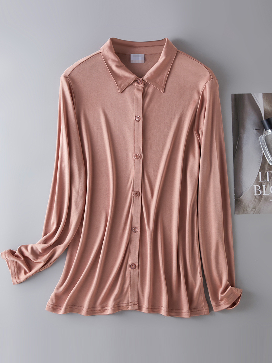 Heavy Knitted Silk Solid Color Lapel Shirt All-Match Mulberry Silk Elegant Commuter Cardigan Button Long-Sleeved Top
