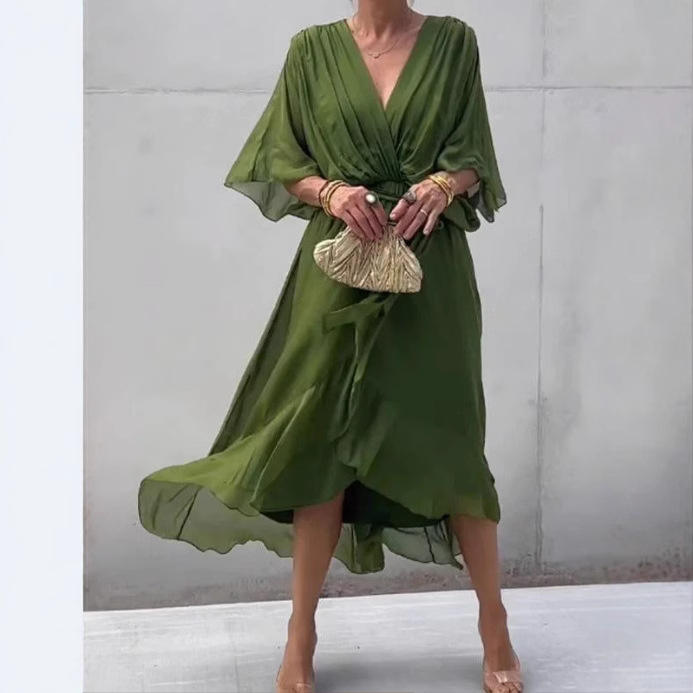 2026 New European and American Women's Clothing Cross-Border Amazon Solid Color Tie-Up Long Dress Batwing Sleeve Irregular Dress Plus Size
