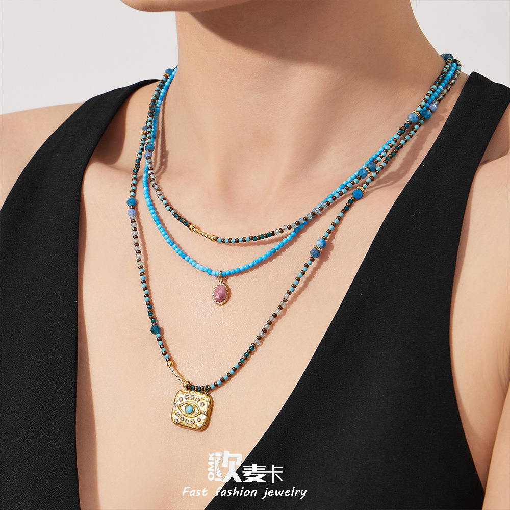 European and American Turquoise Layered Necklaces, Colorful Clavicle Chains, Spring and Summer Accessories, Evil Eye Pendants, Stainless Steel Sweater Chains