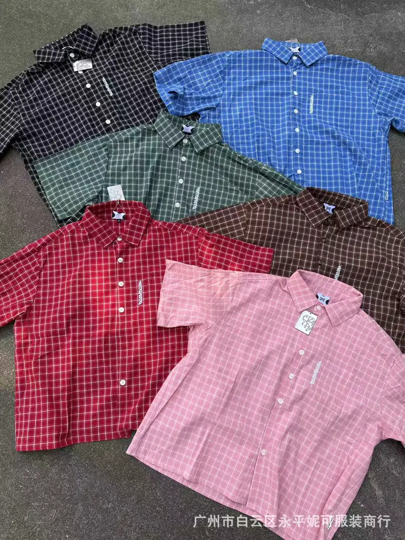 Cross-Border Mertra Plaid Short-Sleeved Shirt with Letter Print, American Retro Hip-Hop Boxy Loose Lapel Shirt