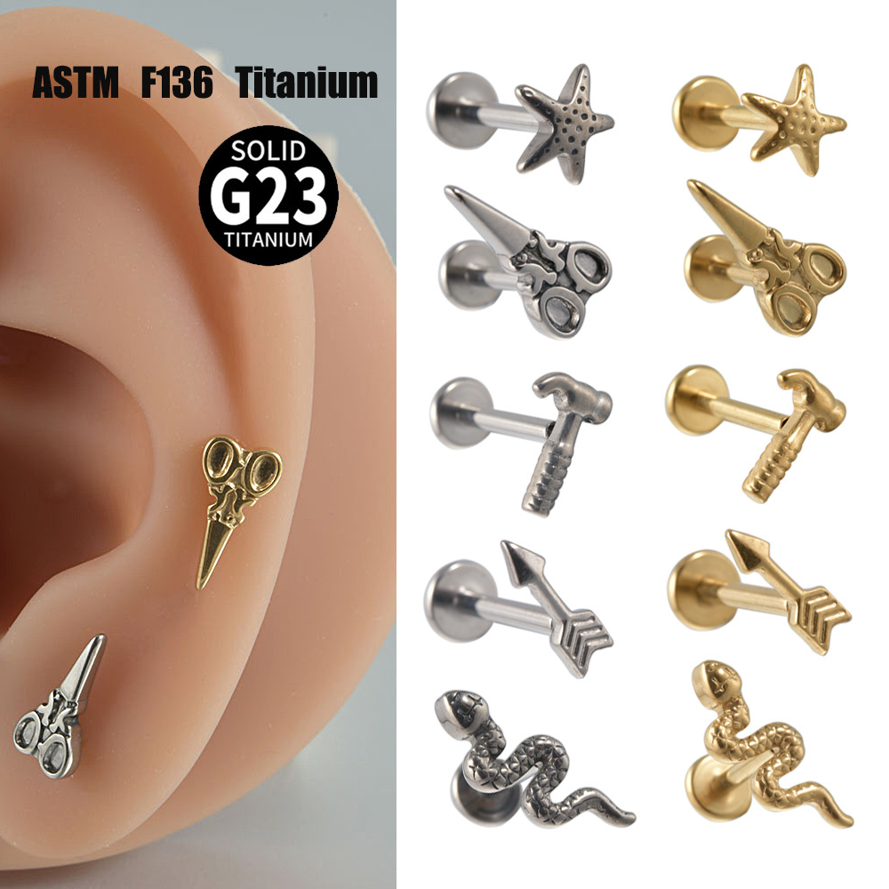 F136/G23 Titanium Inner Tooth Lip Nail Starfish Snake Arrow Scissors Hammer Earrings Titanium Alloy Piercing Earrings
