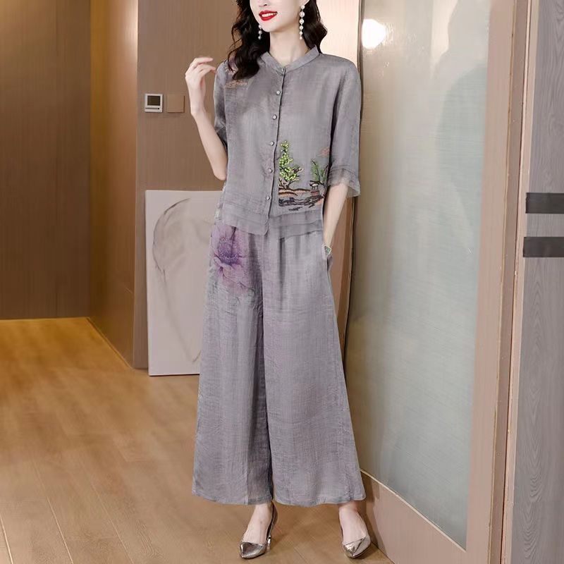 Cotton and Linen Ethnic Style Tops, Wide-leg Pants Suits, Women's Two-piece Summer Fashionable and Flesh-covering Casual Clothes, a Complete Set