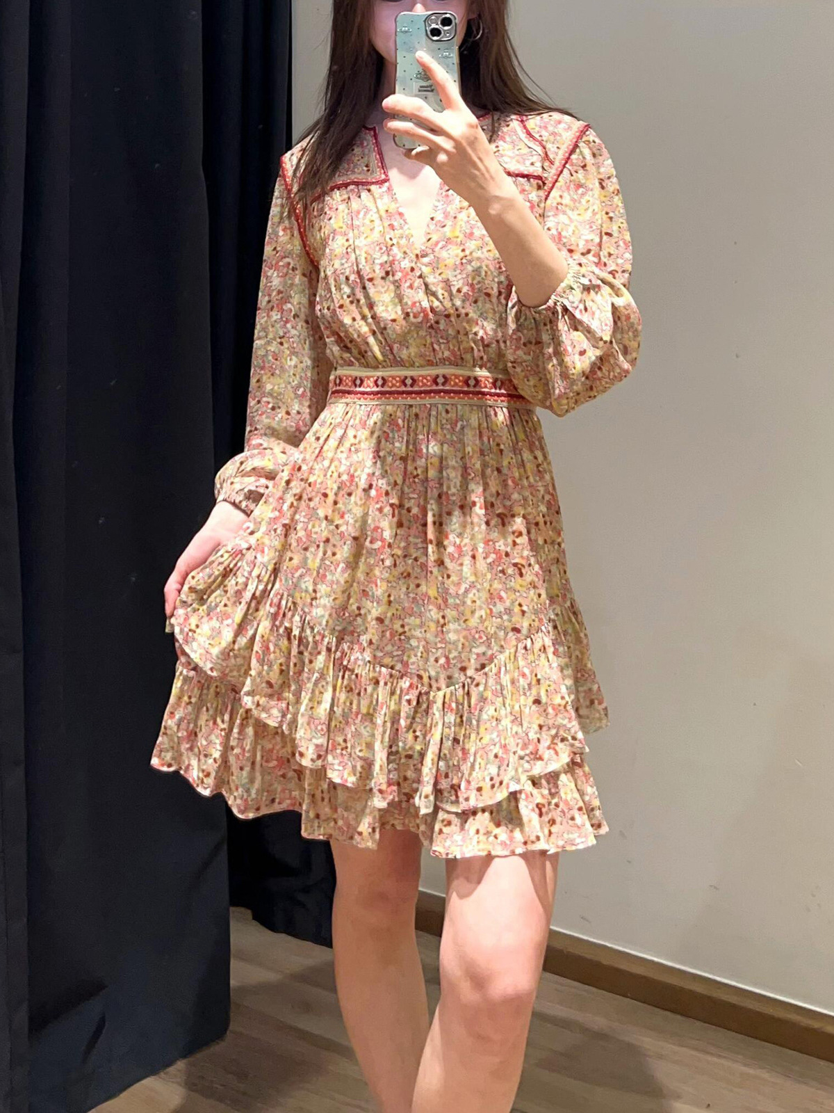 Bs26 Spring/Summer French Elegant Printed Vacation Dress with Layered Ruffles, High Waist, and Puff Sleeves 1E25Loly