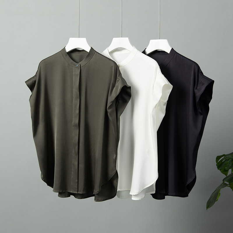 Heavy Weight Silk Stand Collar Shirt Women's 2025 Summer New French Short Sleeve Shirt Commuting Mulberry Silk Top Wholesale