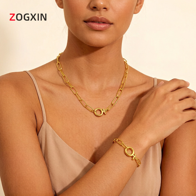 European and American Fashion Niche Minimalist Stainless Steel Titanium Steel 18K Gold-Plated High-End Paperclip Chain Bracelet Necklace Jewelry