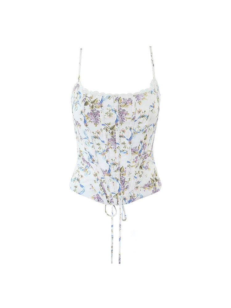 2025 New Sweet Printed Chic Back Lace-Up Small Camisole Square Neck Sexy Slim Backless Top