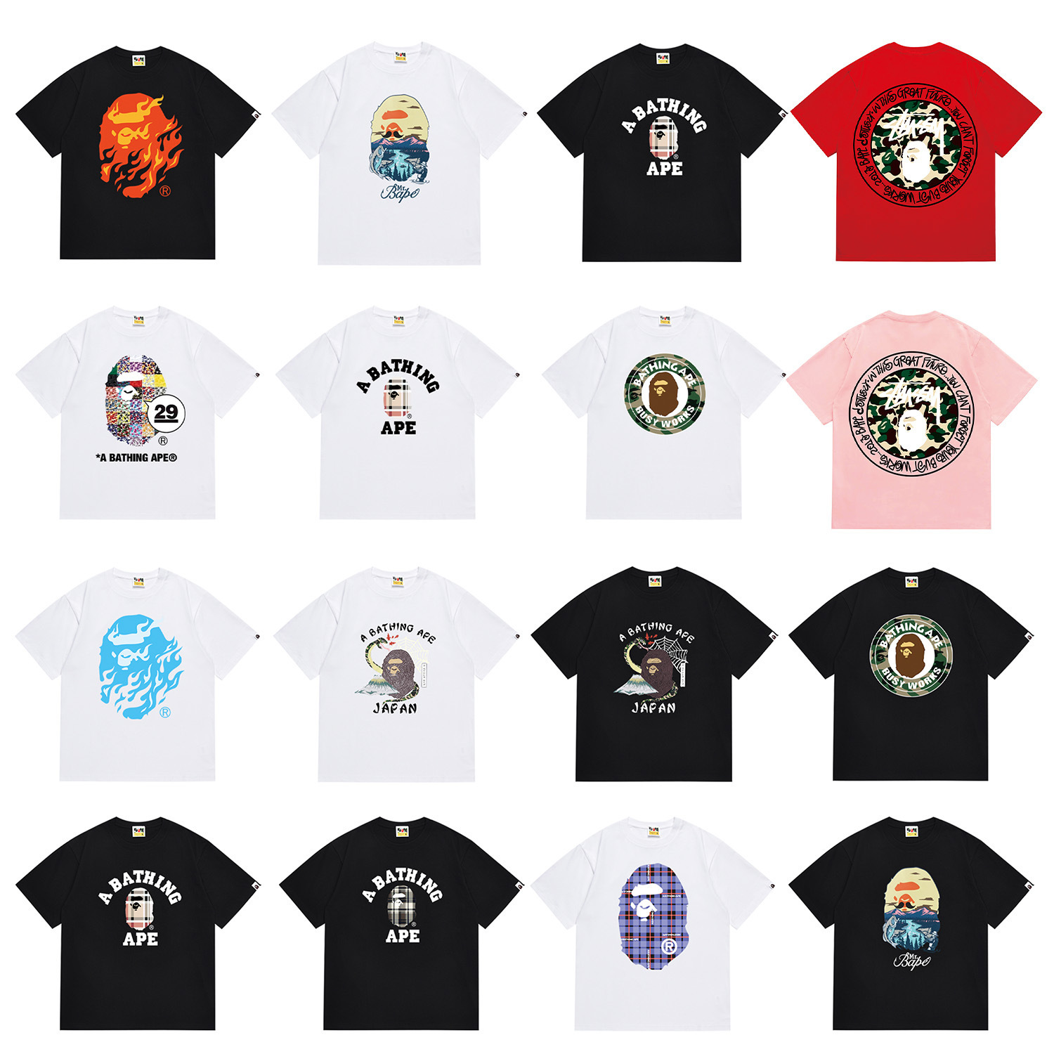 Cross-Border 2024 Summer Trendy Brand Bape Tshirt Classic Ape Lightning Print Men's and Women's Cotton Short-Sleeved T-Shirt
