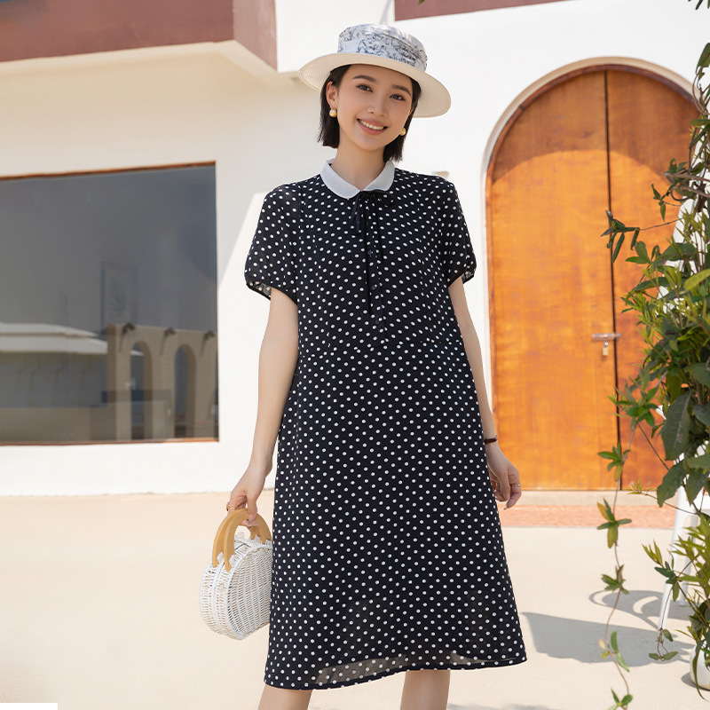 Yun Yun Summer New Elegant Polka Dot Dress Slimming Look Mid-Length Skirt Black Dress Women's Summer Long Skirt