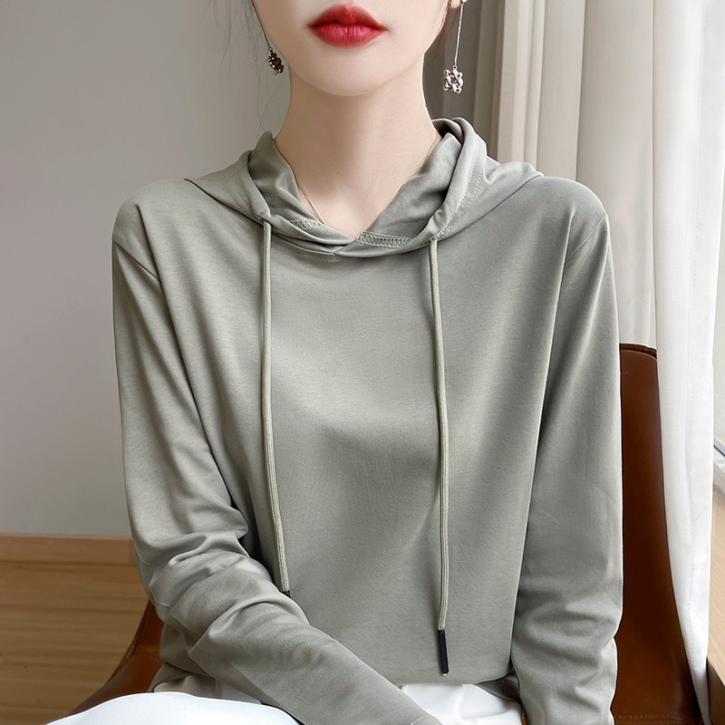 Spring and Autumn Style Casual Women's Hooded Sweatshirt Long-Sleeve T-Shirt Loose Solid Color Versatile Base Layer Age-Reducing Top
