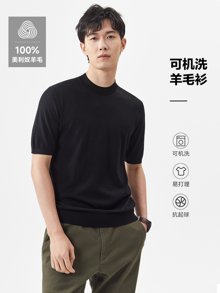 Lightweight Machine Washable 100 Merino Pure Wool Sweater Crewneck Short-sleeved T-shirt Men's Spring and Autumn Knitted Base Shirt for Men