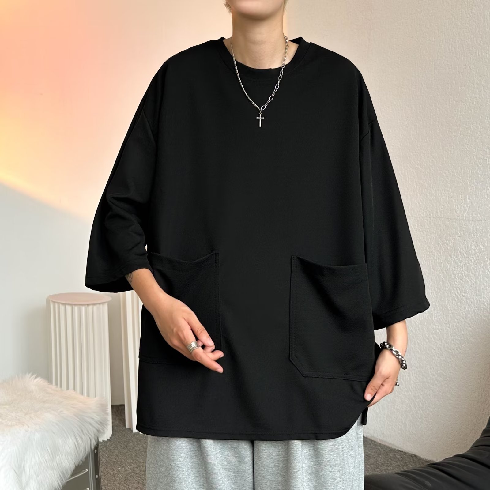 Summer fashion brand three-quarter sleeve T-shirt men's loose plus size plus size pocket couple's short sleeve clothes trendy five-quarter sleeve men
