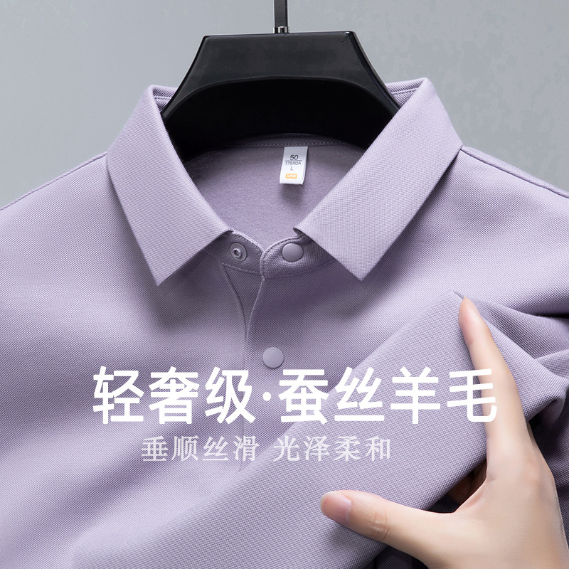 Cross-Border Mulberry Silk Wool Men's Long-Sleeve T-Shirt for Spring and Autumn, High-End Men's Fashion, Light Luxury Versatile Polo Shirt for Men Wholesale