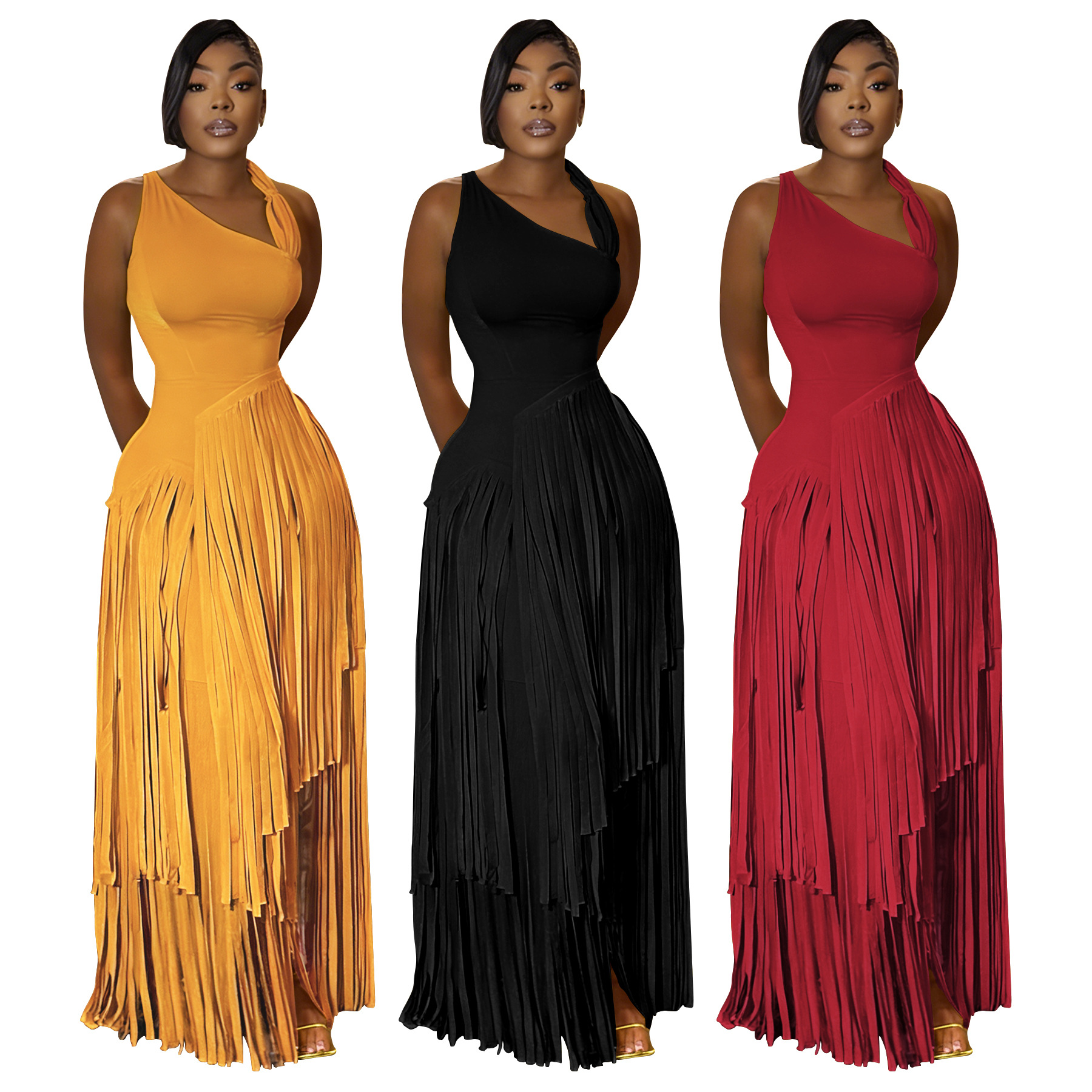 11017 Cross-Border Supply for European and American Foreign Trade Women's Clothing Amazon Solid Color Tassel Dress Elegant Slim-Fit Dress