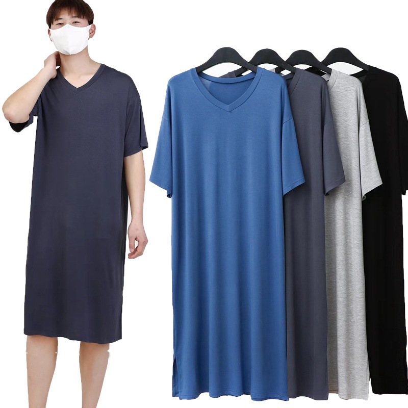 Summer New Modal men's nightdress long knee short sleeve V-neck mid-long dressing gown