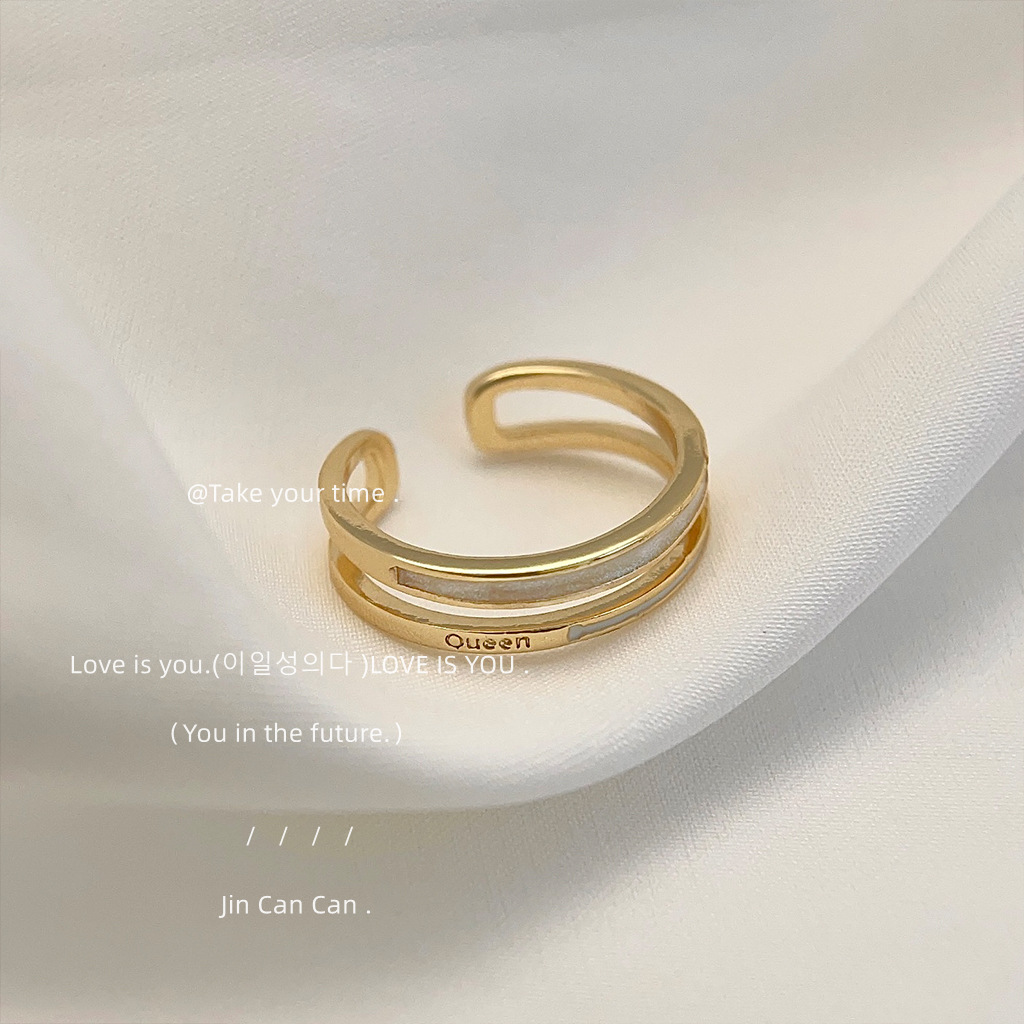 French style light luxury double-layer hollow-out stacked high-grade drop glaze ring adjustable Queen letter temperament open ring