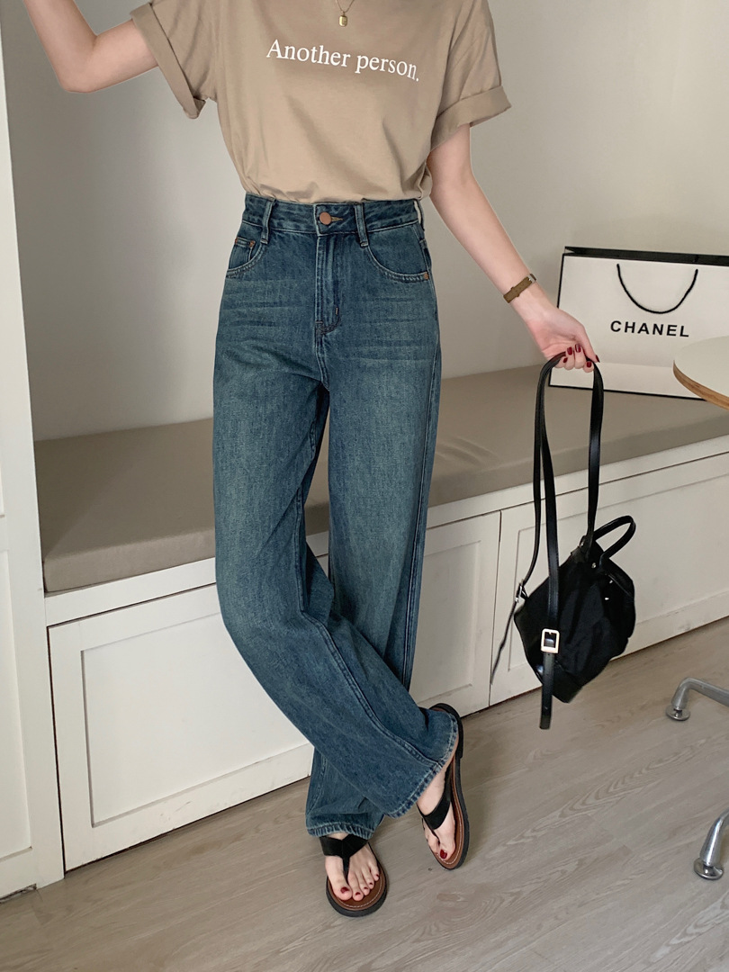 The King of Versatile Pants Retro Hong Kong Style Distressed Straight Jeans Women's Spring High Waist Slim Tencel Drape Jeans