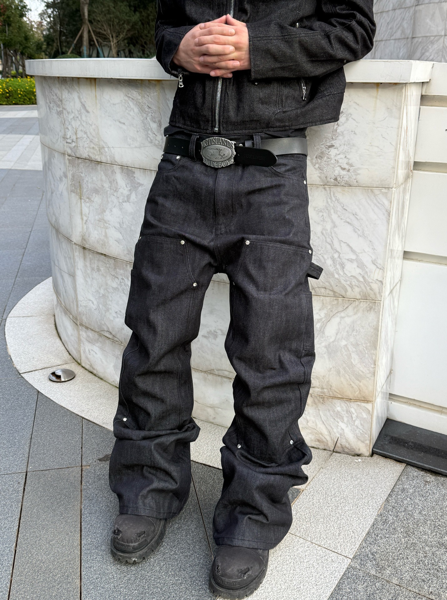 2026 American-Style Heavy-Duty Raw Denim Lumberjack Pants with Rhinestone Patchwork A-Line Flared Jeans Unisex