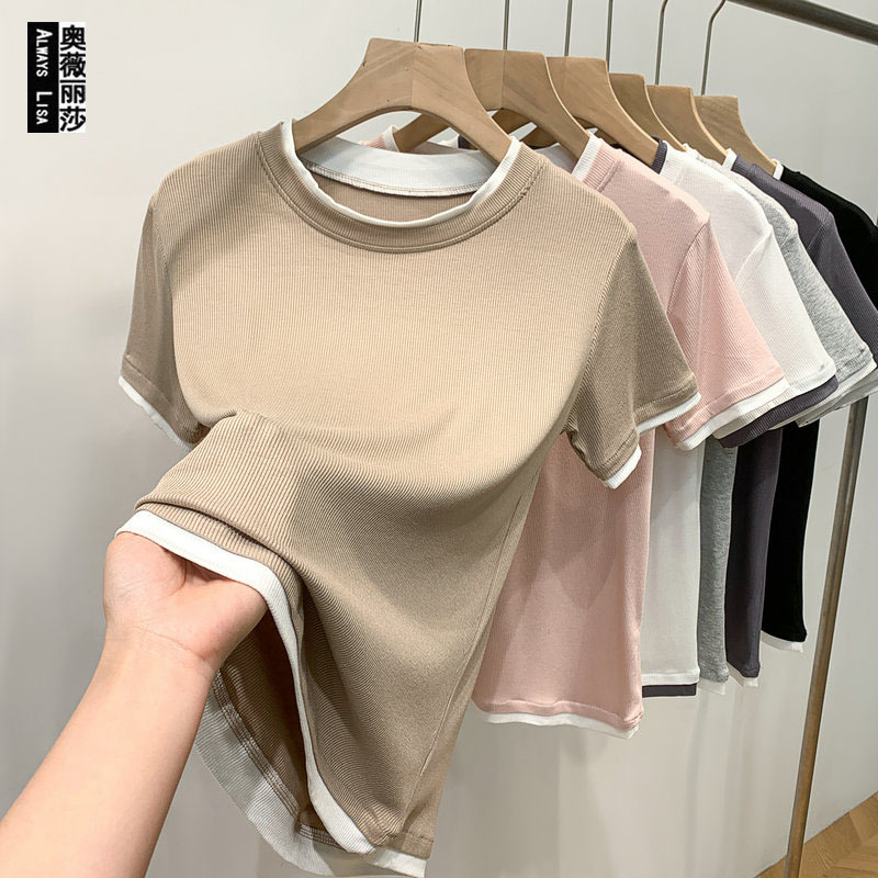 New Style Fake Two-Piece Round Neck Short-Sleeve T-Shirt, Summer Thin Slim-Fit Flattering Regular Shoulder Top, Versatile Solid Color Base Shirt